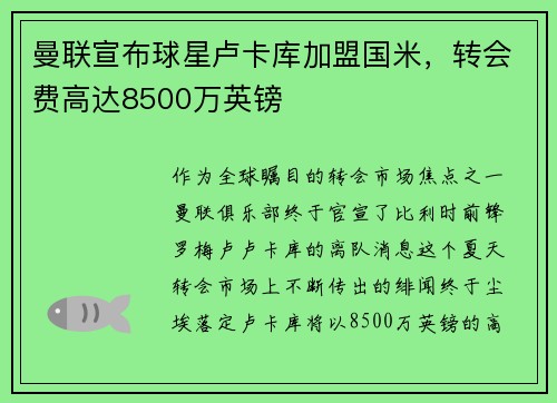 曼联宣布球星卢卡库加盟国米，转会费高达8500万英镑